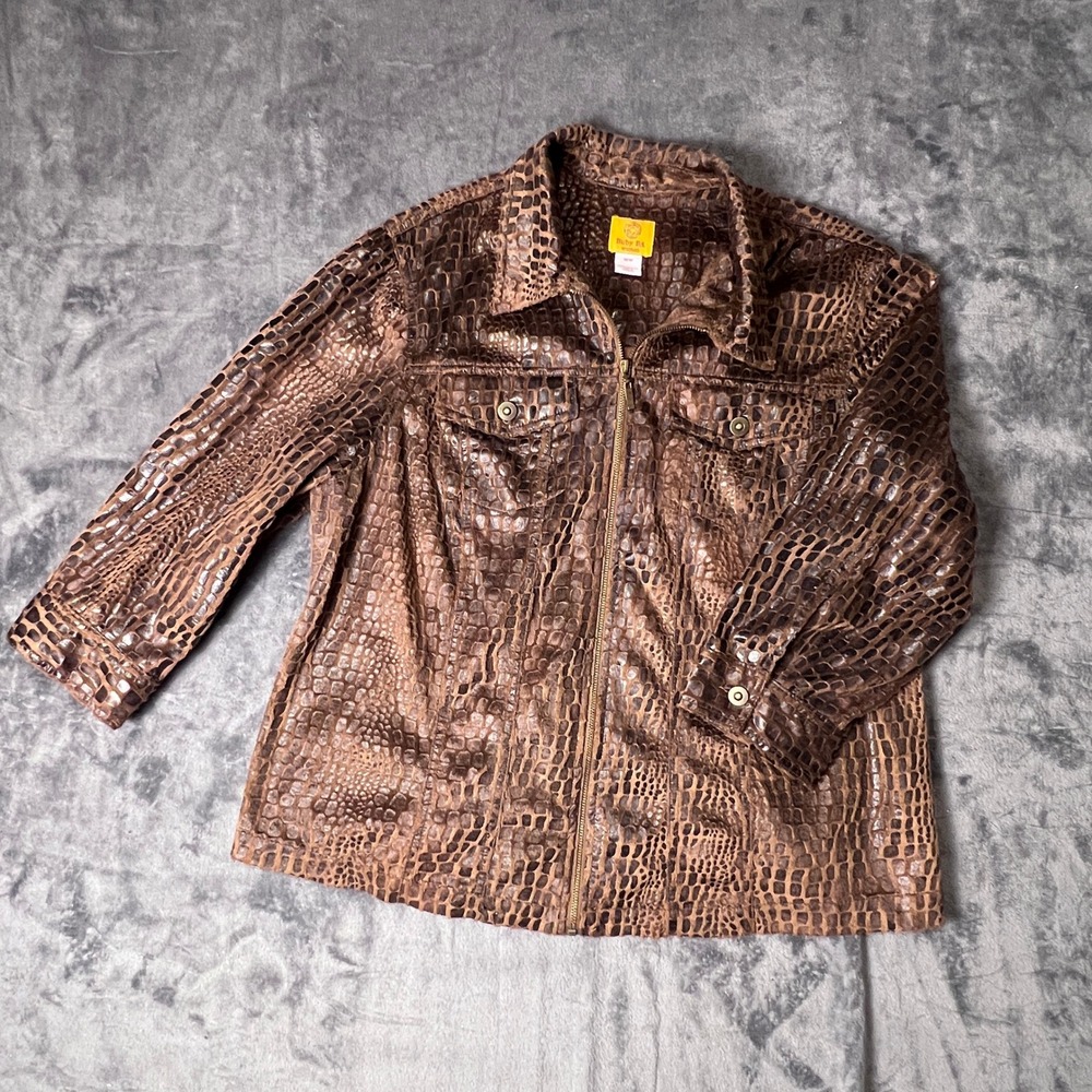 Ruby Rd Woman Bronze Faux Crocodile Print Zip Up Jacket 18W Metallic Brown